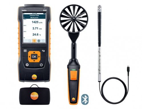 Testo 440 Прибор для измерения скорости воздуха и оценки качества воздуха в помещении. Комплект для вентиляции № 2 с Bluetooth крыльчаткой 100мм (0635 9431), зондом с крыльчаткой 16 мм (0635 9532)  и кейсом (0516 4401)